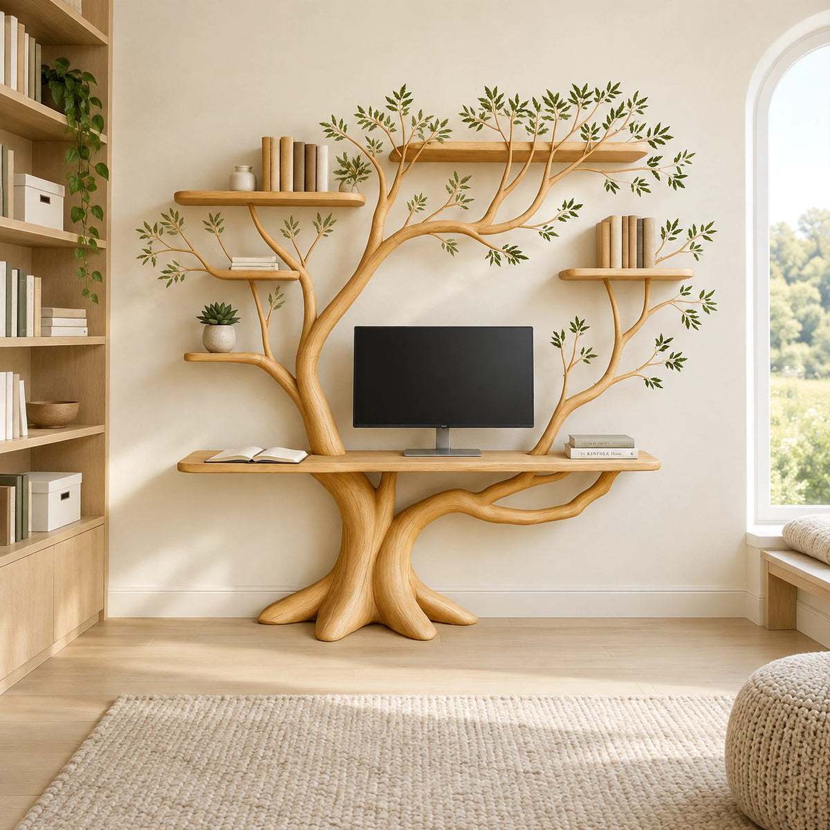 Nature Inspired Tree Bookshelf Desk With 5 Branch Shelves For Bedroom