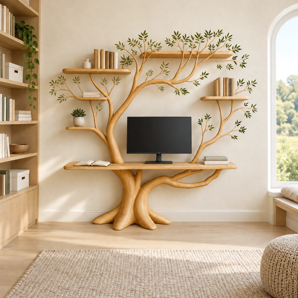 Nature Inspired Tree Bookshelf Desk With 5 Branch Shelves For Bedroom