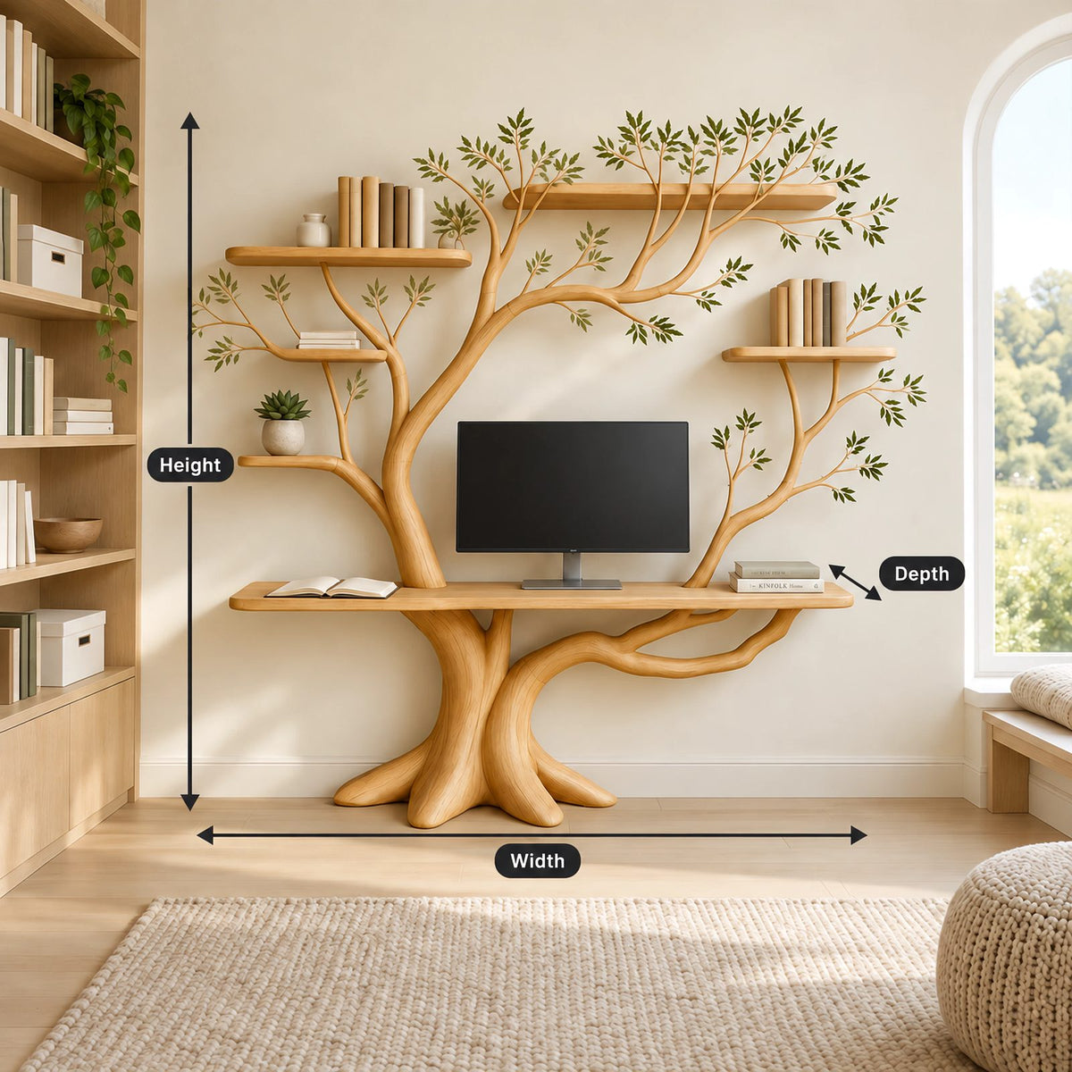 Nature Inspired Tree Bookshelf Desk With 5 Branch Shelves For Bedroom