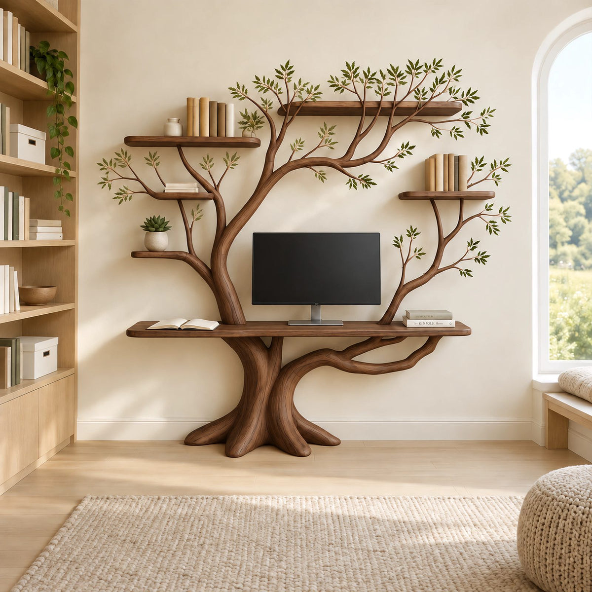 Nature Inspired Tree Bookshelf Desk With 5 Branch Shelves For Bedroom