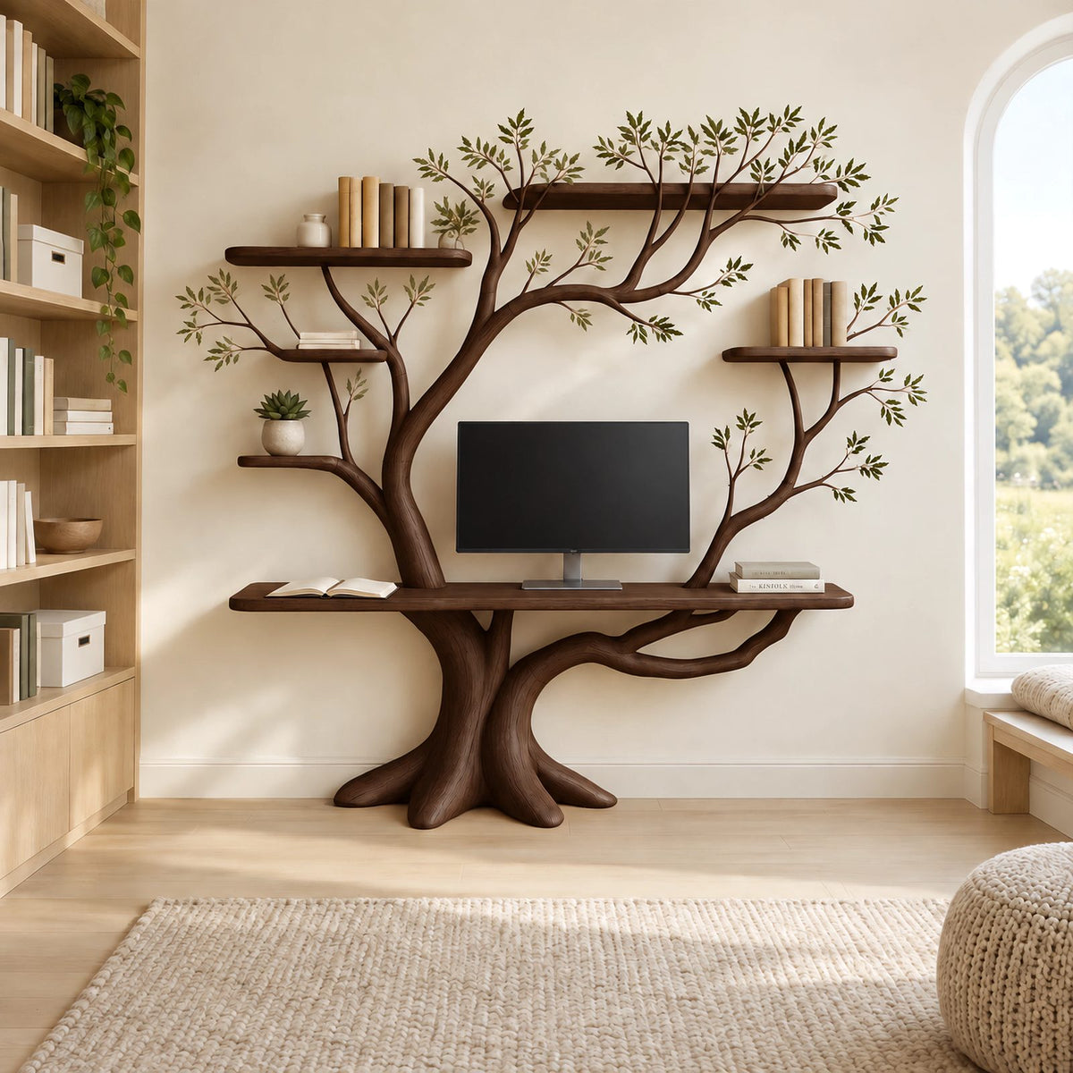 Nature Inspired Tree Bookshelf Desk With 5 Branch Shelves For Bedroom