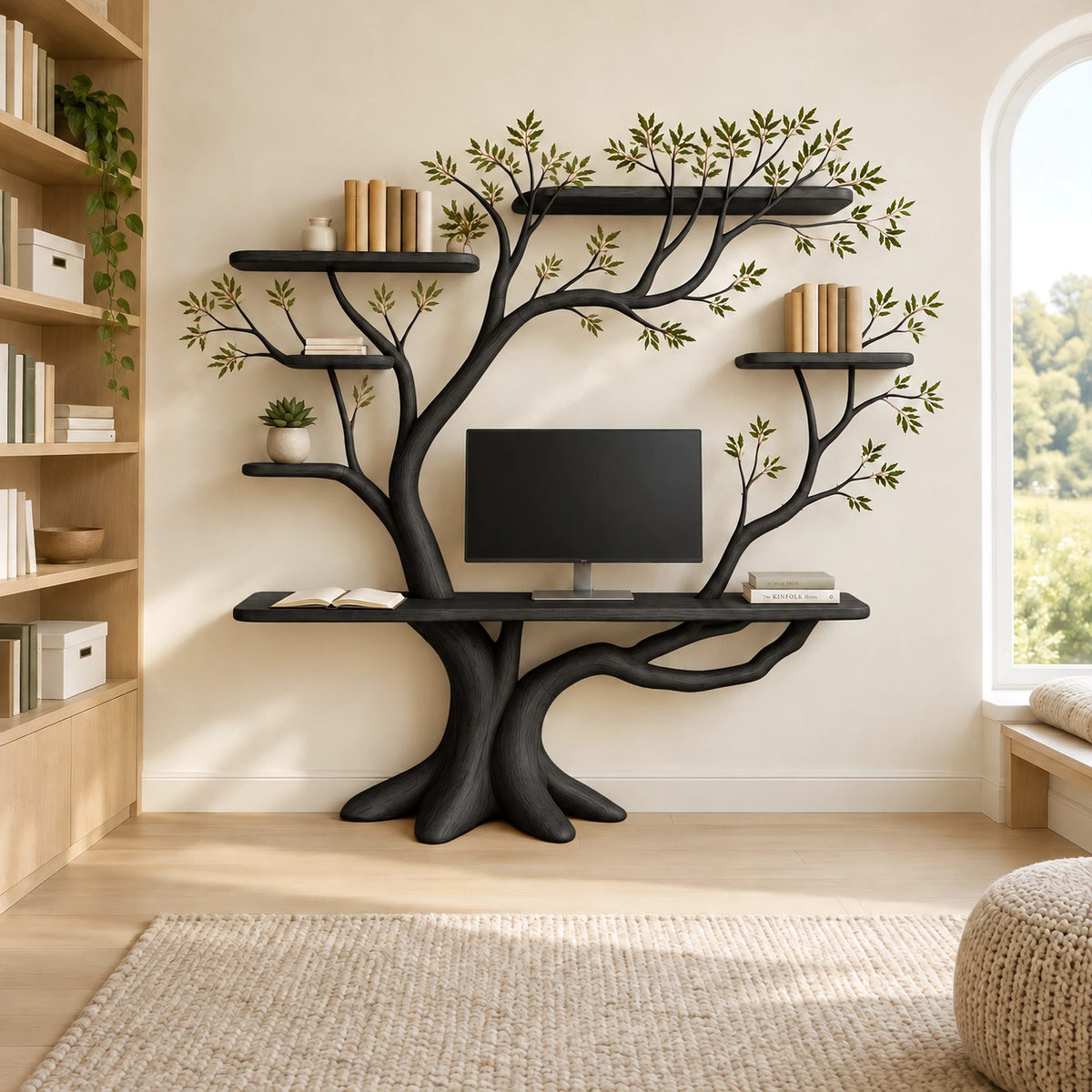 Nature Inspired Tree Bookshelf Desk With 5 Branch Shelves For Bedroom