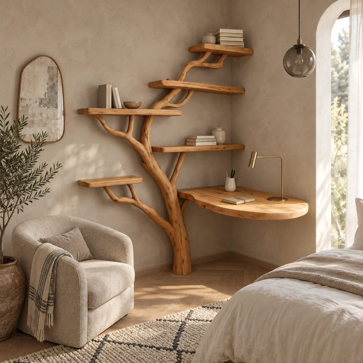Japandi Corner Tree Desk With Rounded Top And Branch Shelves For Bedroom
