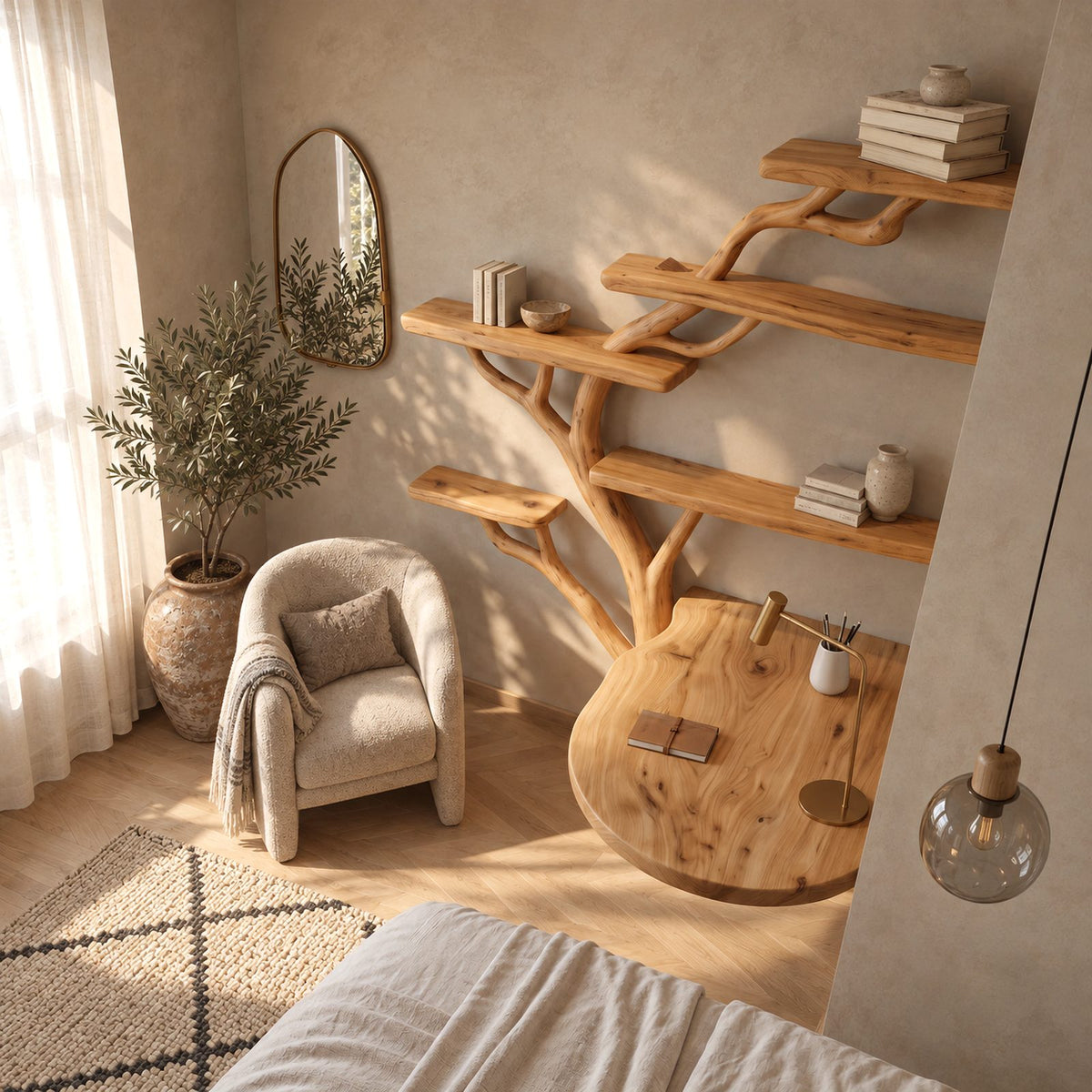 Japandi Corner Tree Desk With Rounded Top And Branch Shelves For Bedroom