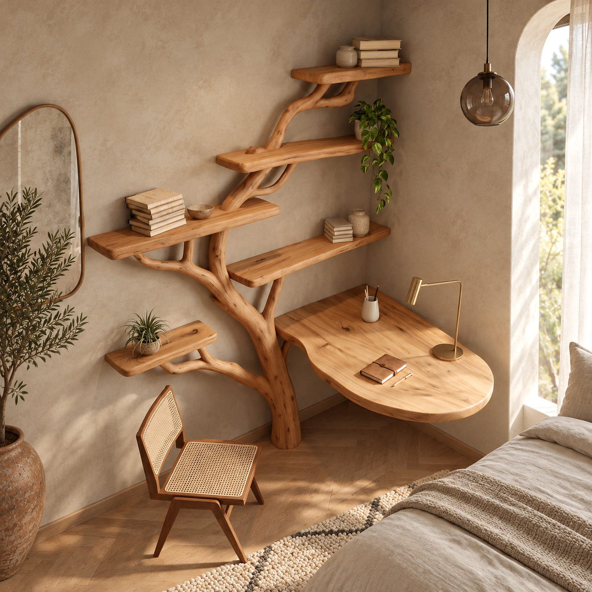 Japandi Corner Tree Desk With Rounded Top And Branch Shelves For Bedroom