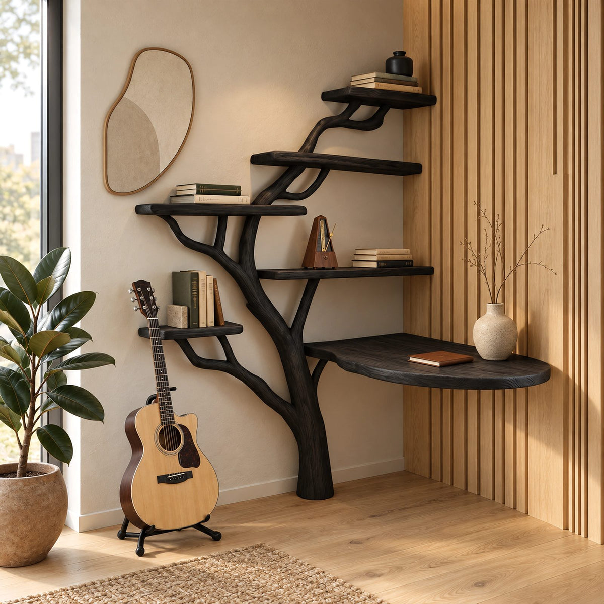 Japandi Corner Tree Desk With Rounded Top And Branch Shelves For Bedroom