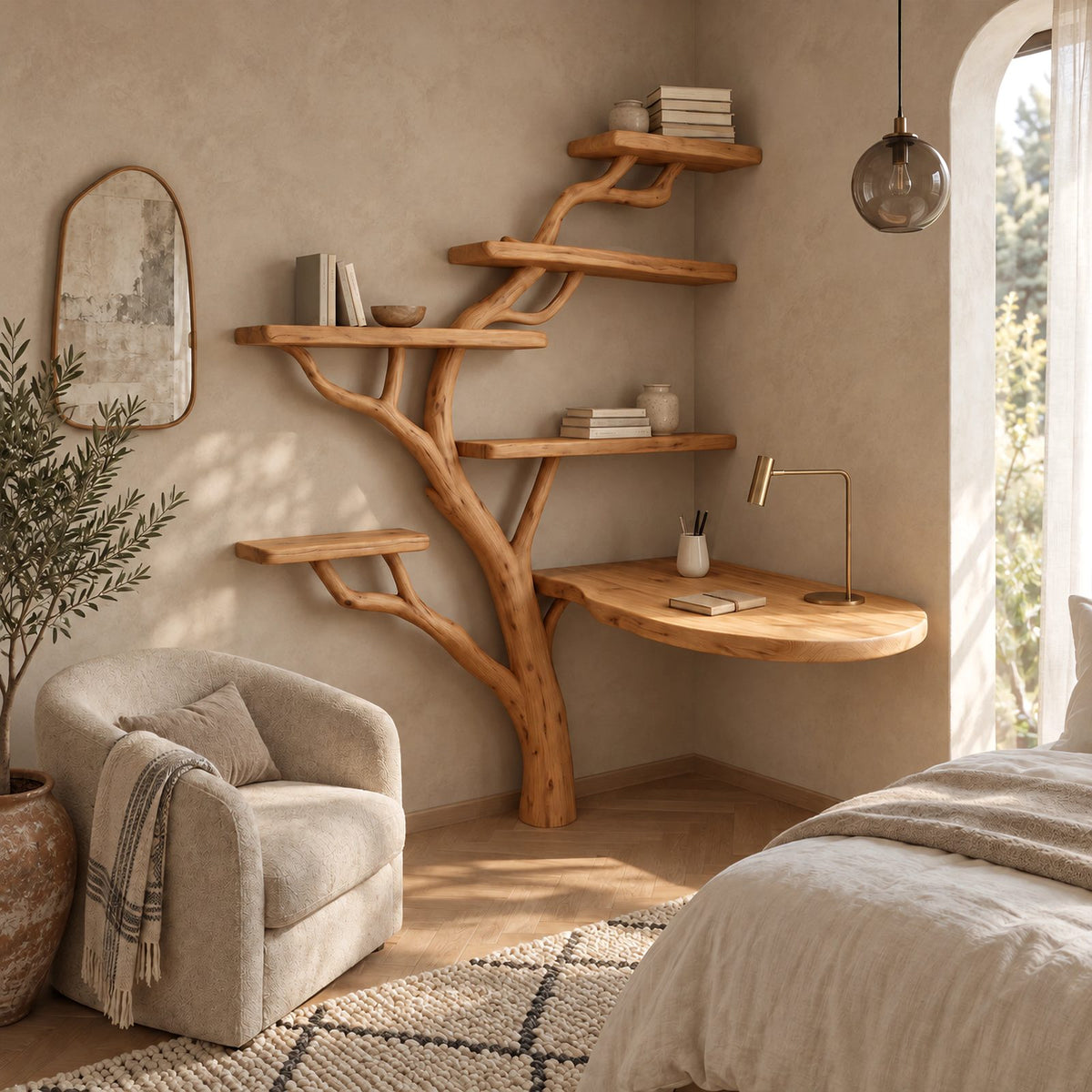 Japandi Corner Tree Desk With Rounded Top And Branch Shelves For Bedroom