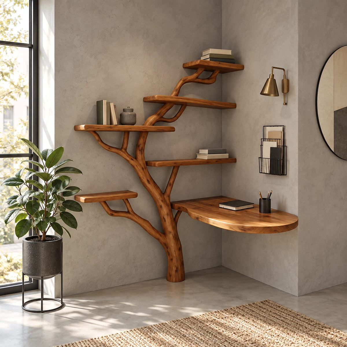 Japandi Corner Tree Desk With Rounded Top And Branch Shelves For Bedroom