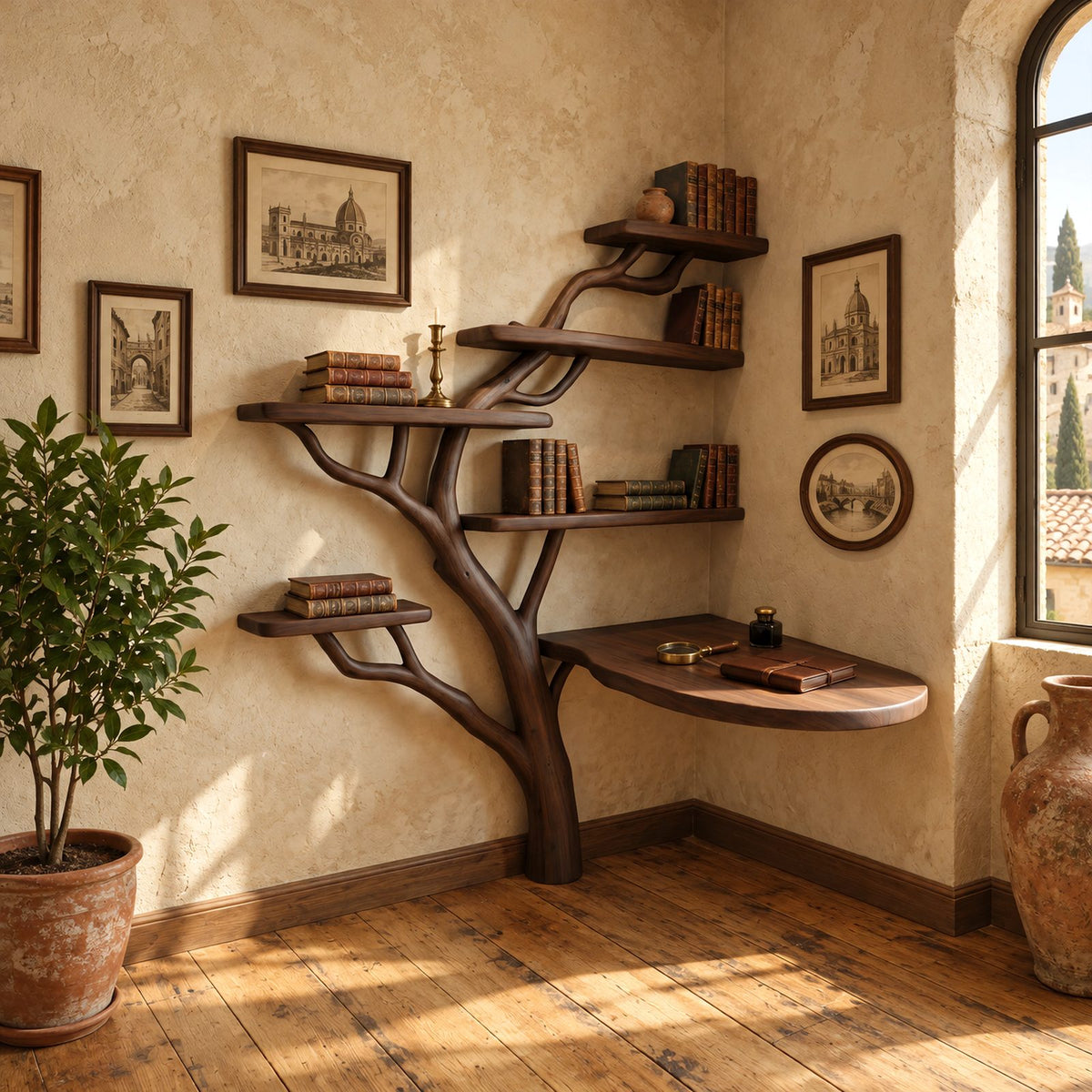 Japandi Corner Tree Desk With Rounded Top And Branch Shelves For Bedroom