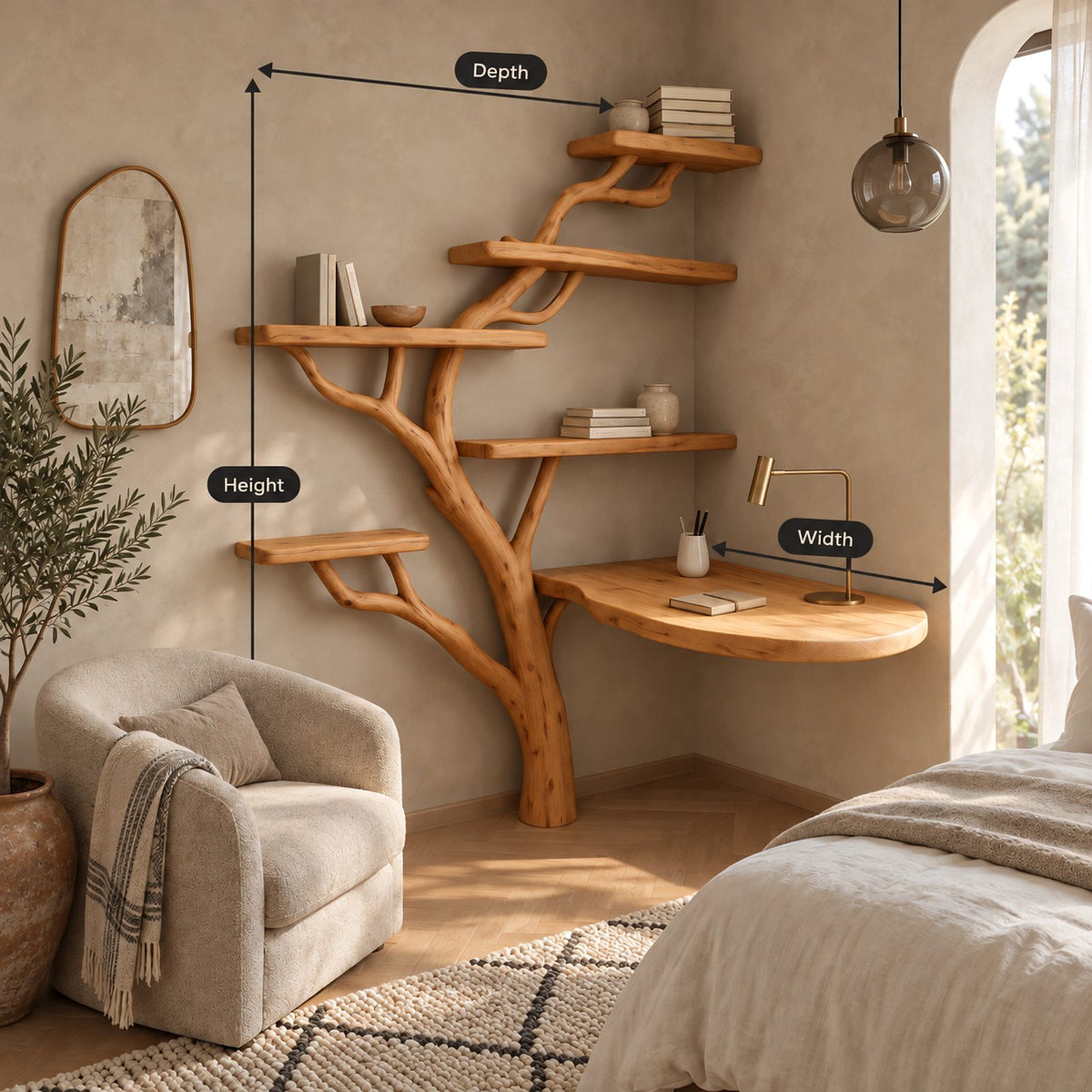 Japandi Corner Tree Desk With Rounded Top And Branch Shelves For Bedroom