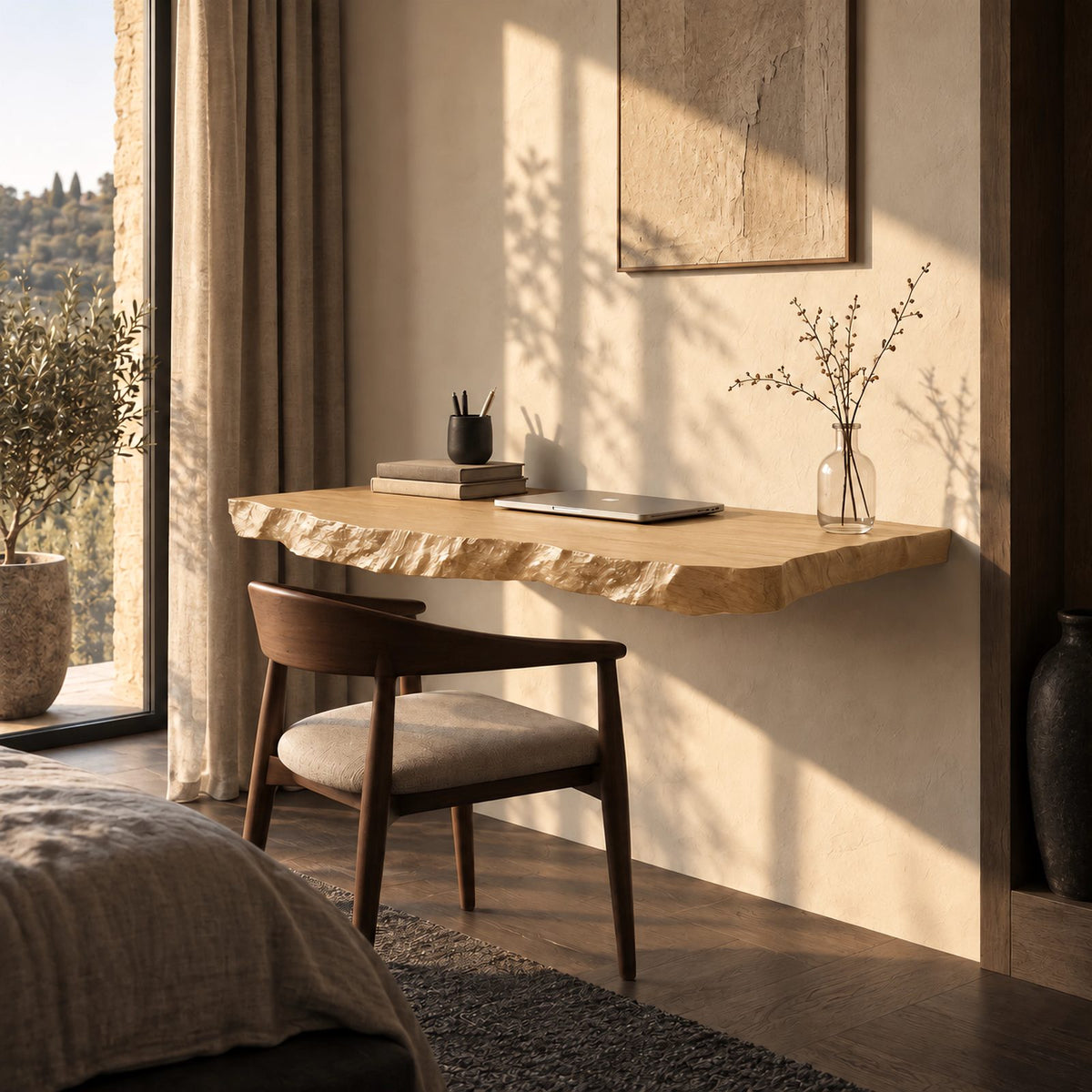 Rugged Thick Slab Wall Desk With Hand Chiseled Edge For Bedroom