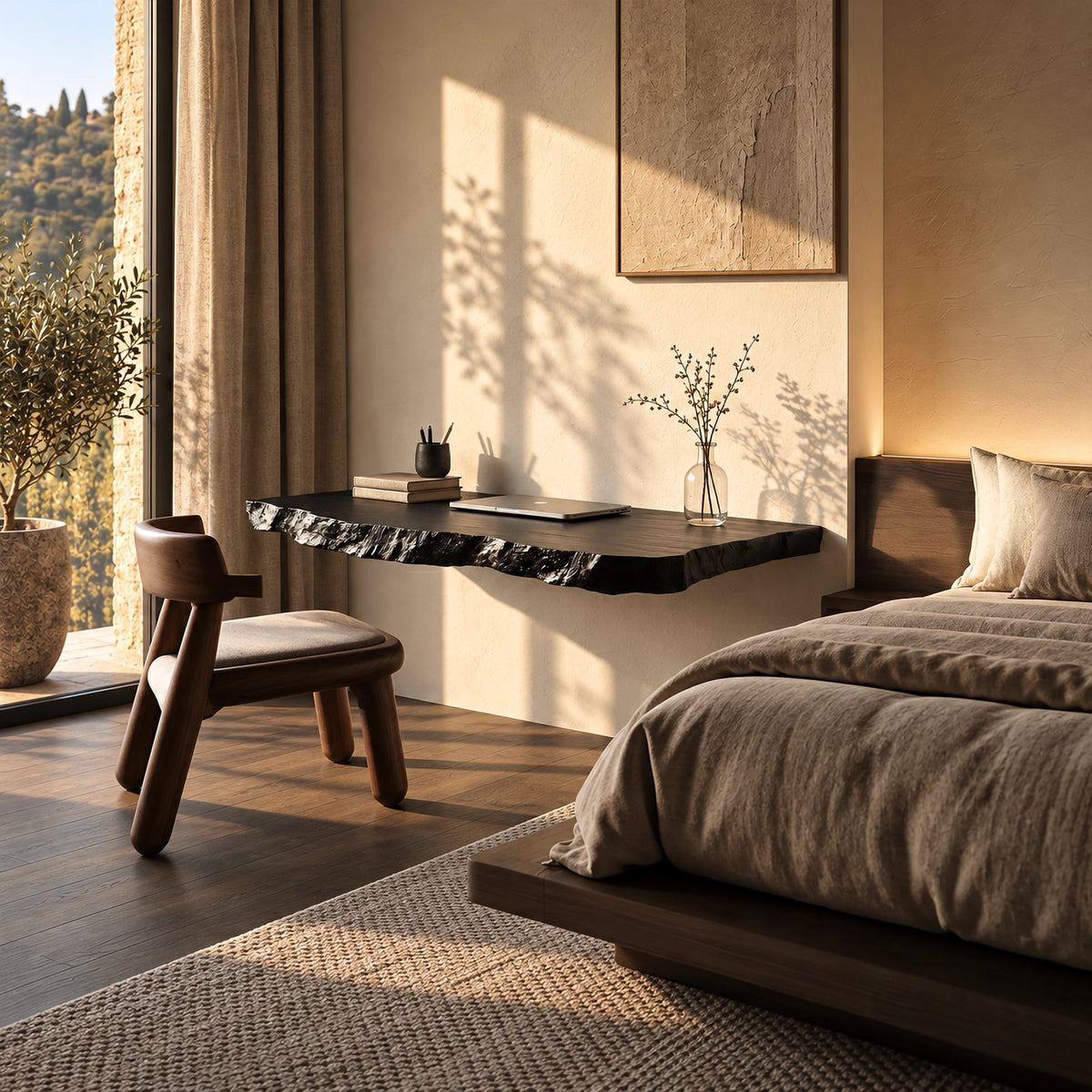 Rugged Thick Slab Wall Desk With Hand Chiseled Edge For Bedroom