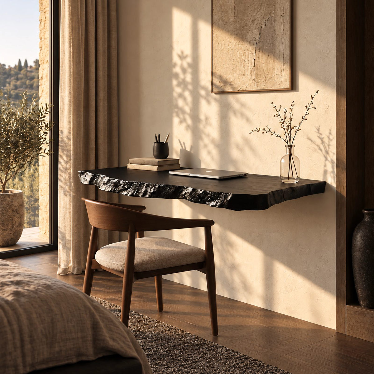 Rugged Thick Slab Wall Desk With Hand Chiseled Edge For Bedroom