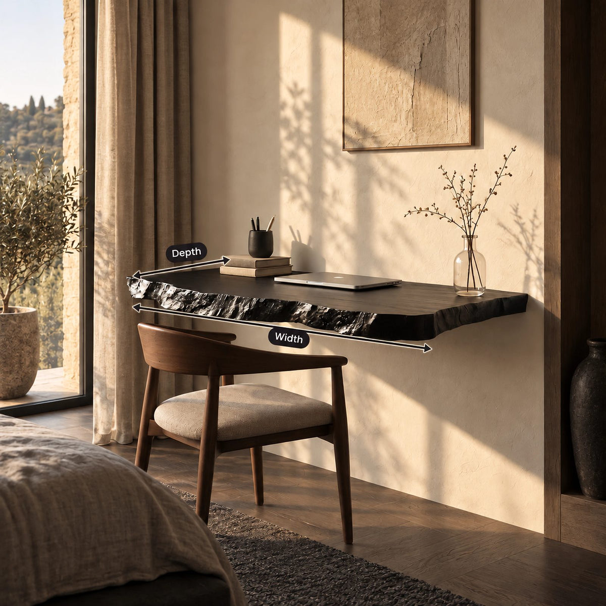 Rugged Thick Slab Wall Desk With Hand Chiseled Edge For Bedroom
