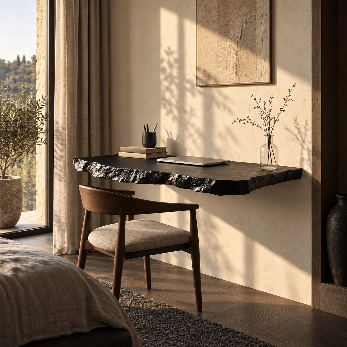 Rugged Thick Slab Wall Desk With Hand Chiseled Edge For Bedroom