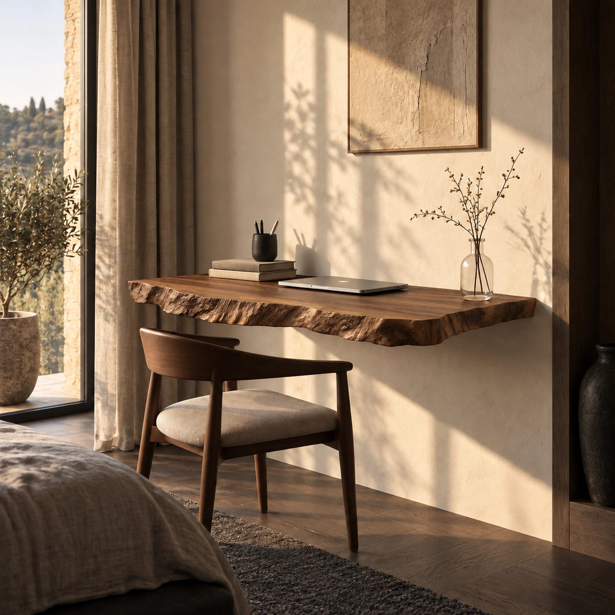 Rugged Thick Slab Wall Desk With Hand Chiseled Edge For Bedroom