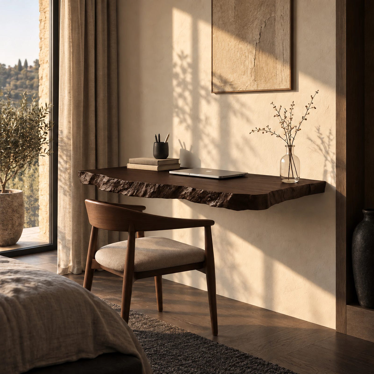 Rugged Thick Slab Wall Desk With Hand Chiseled Edge For Bedroom