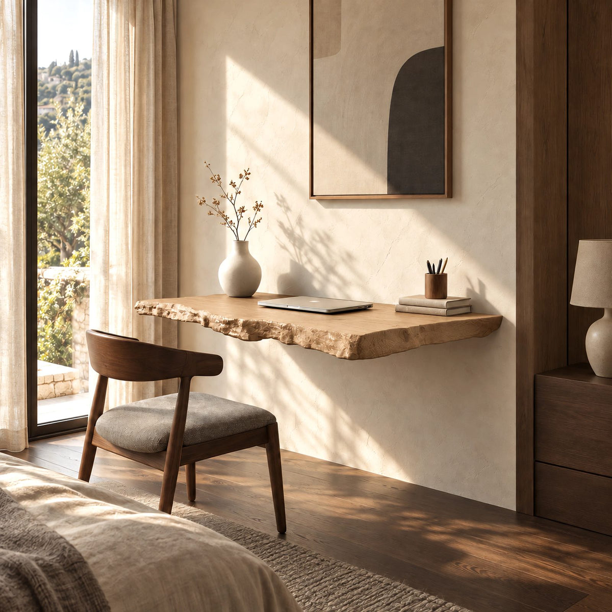 Wabi Sabi Rough Hewn Solid Wood Wall Mounted Desk For Bedroom