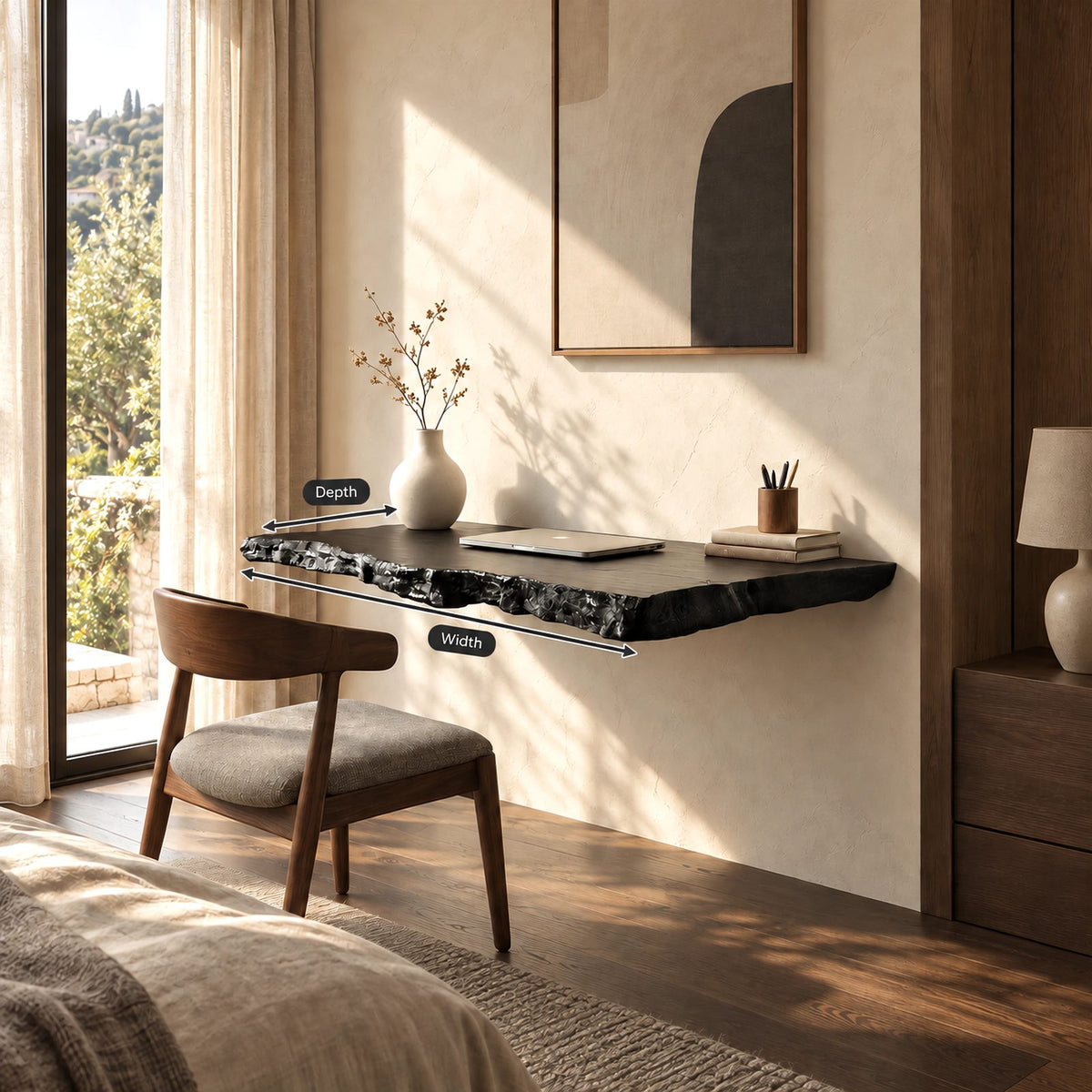 Wabi Sabi Rough Hewn Solid Wood Wall Mounted Desk For Bedroom