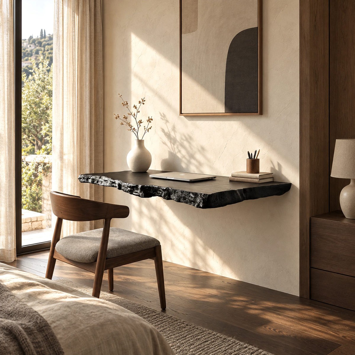 Wabi Sabi Rough Hewn Solid Wood Wall Mounted Desk For Bedroom