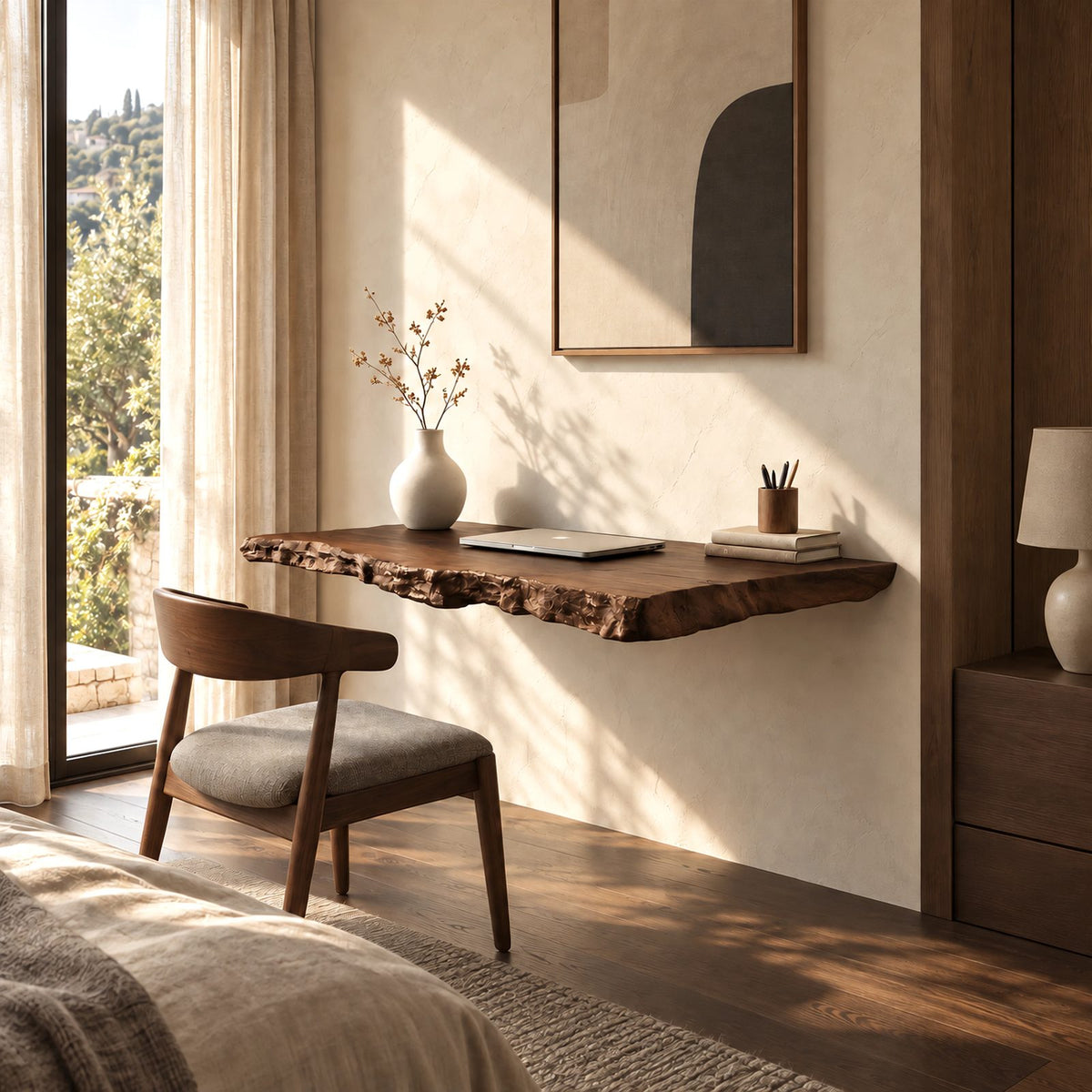 Wabi Sabi Rough Hewn Solid Wood Wall Mounted Desk For Bedroom