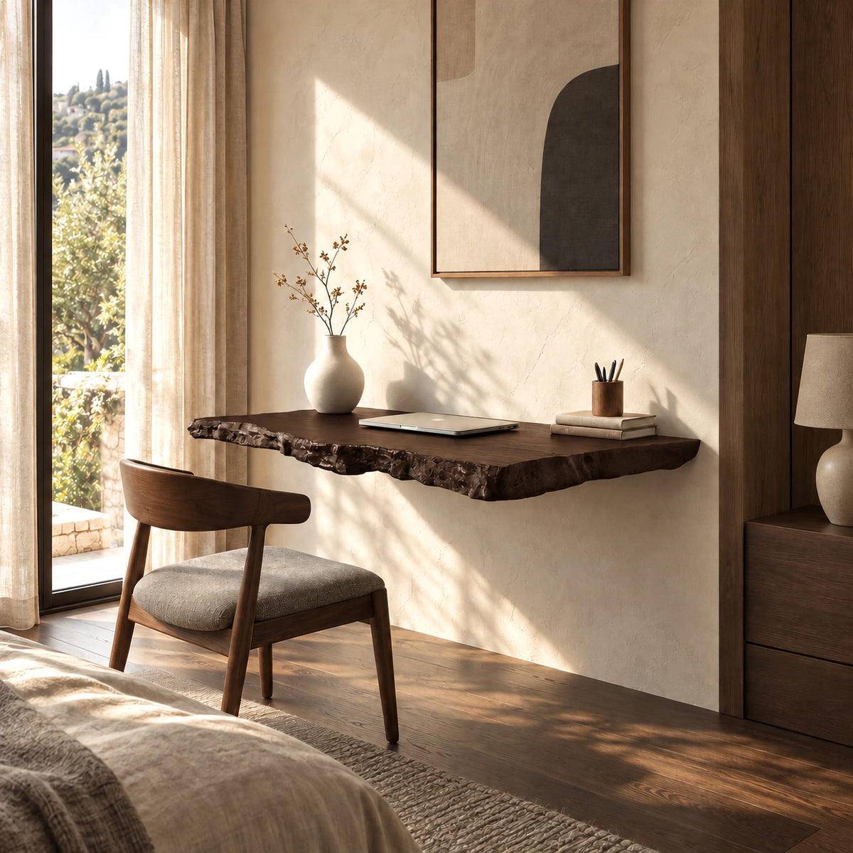 Wabi Sabi Rough Hewn Solid Wood Wall Mounted Desk For Bedroom