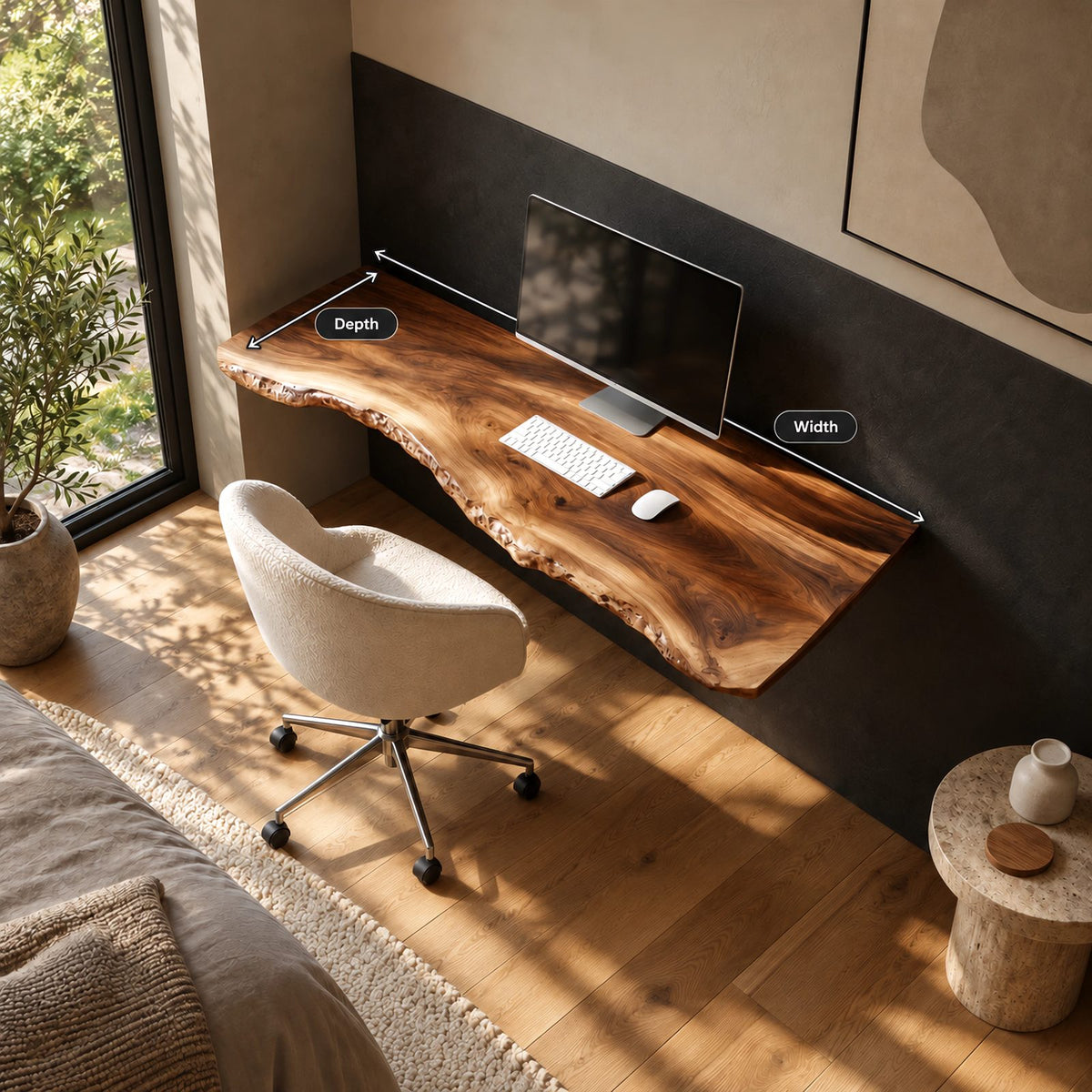 Live Edge Solid Wood Floating Computer Desk For Home Office
