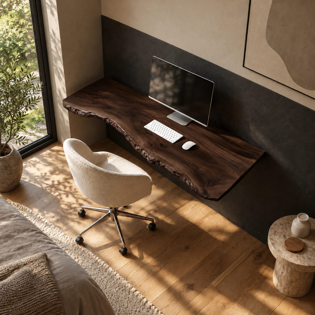 Live Edge Solid Wood Floating Computer Desk For Home Office
