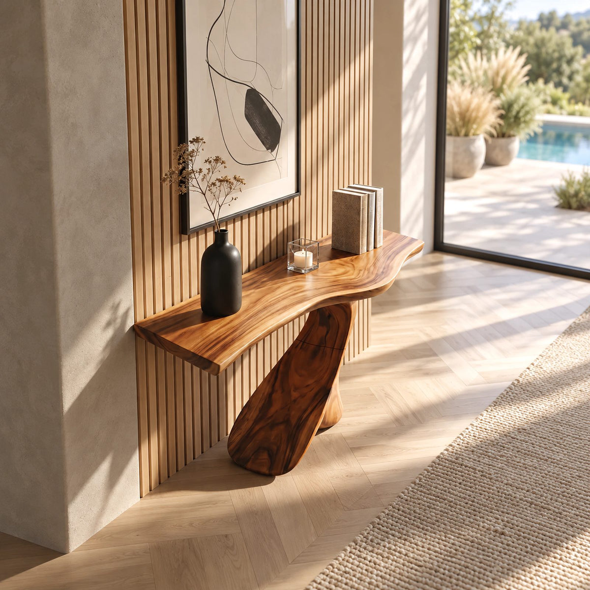 Sculptural Live Edge Console Table With Swooping S Curve Base For Entryway