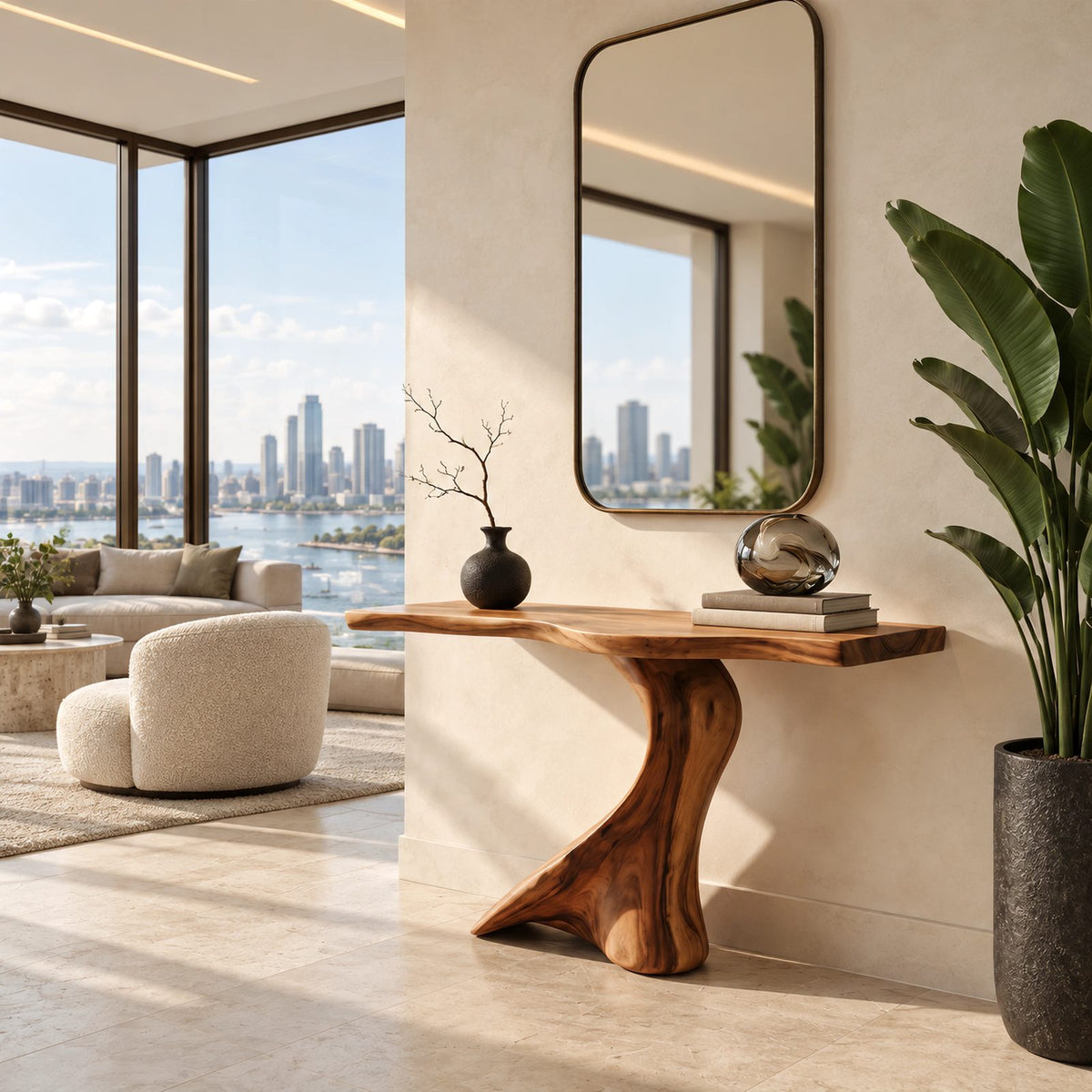 Sculptural Live Edge Console Table With Swooping S Curve Base For Entryway
