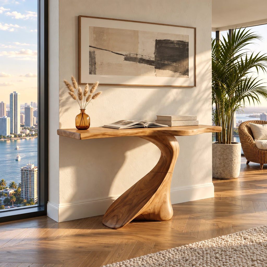 Sculptural Live Edge Console Table With Swooping S Curve Base For Entryway