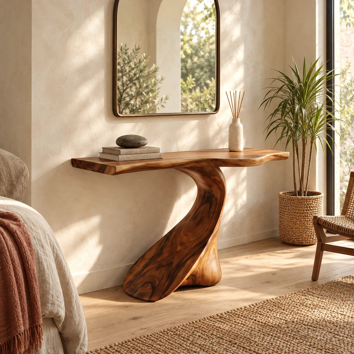 Sculptural Live Edge Console Table With Swooping S Curve Base For Entryway