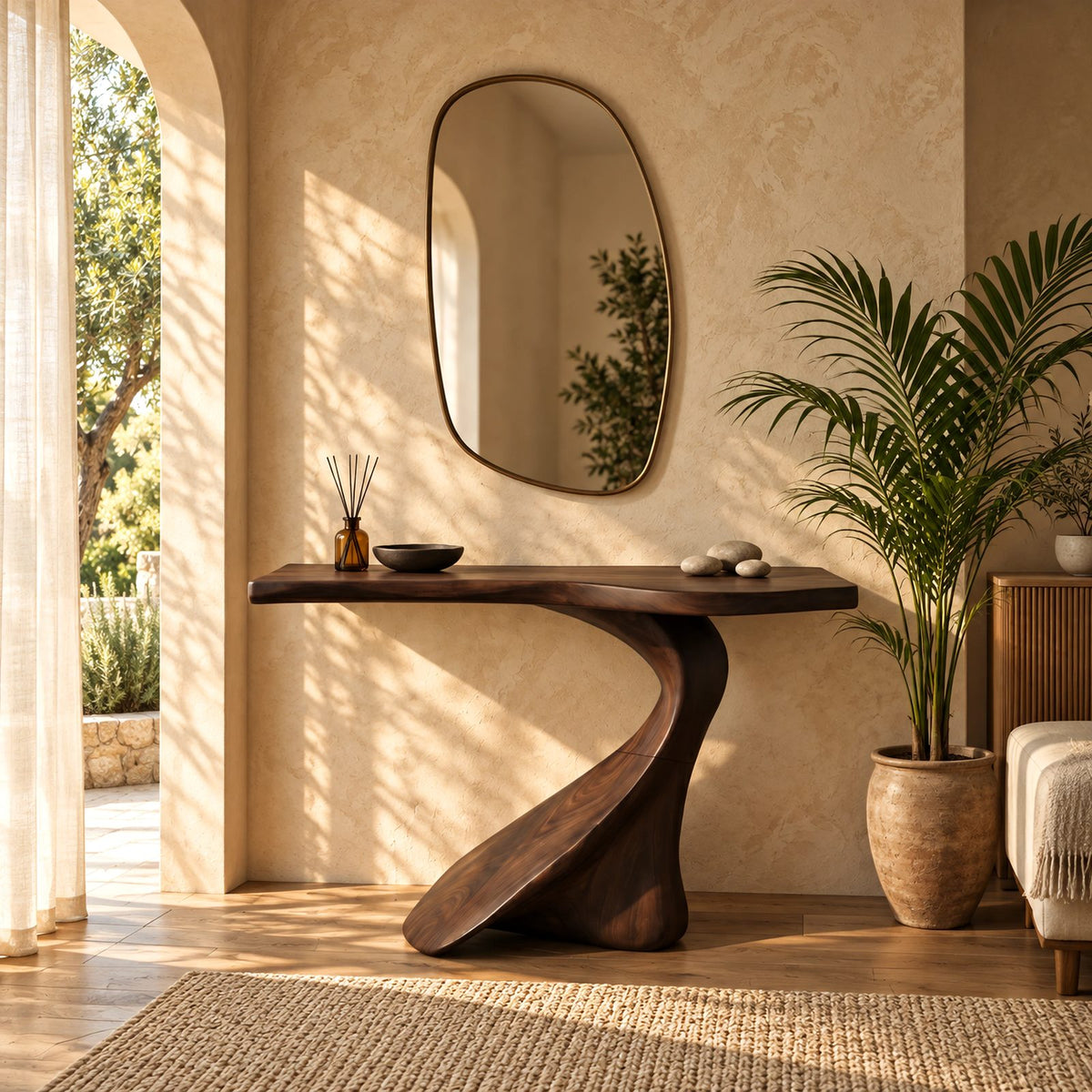 Sculptural Live Edge Console Table With Swooping S Curve Base For Entryway