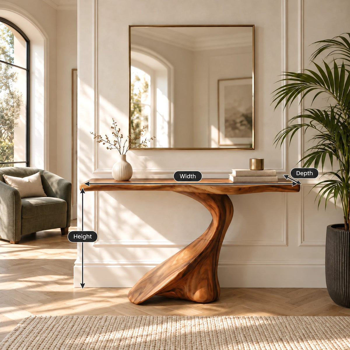 Sculptural Live Edge Console Table With Swooping S Curve Base For Entryway