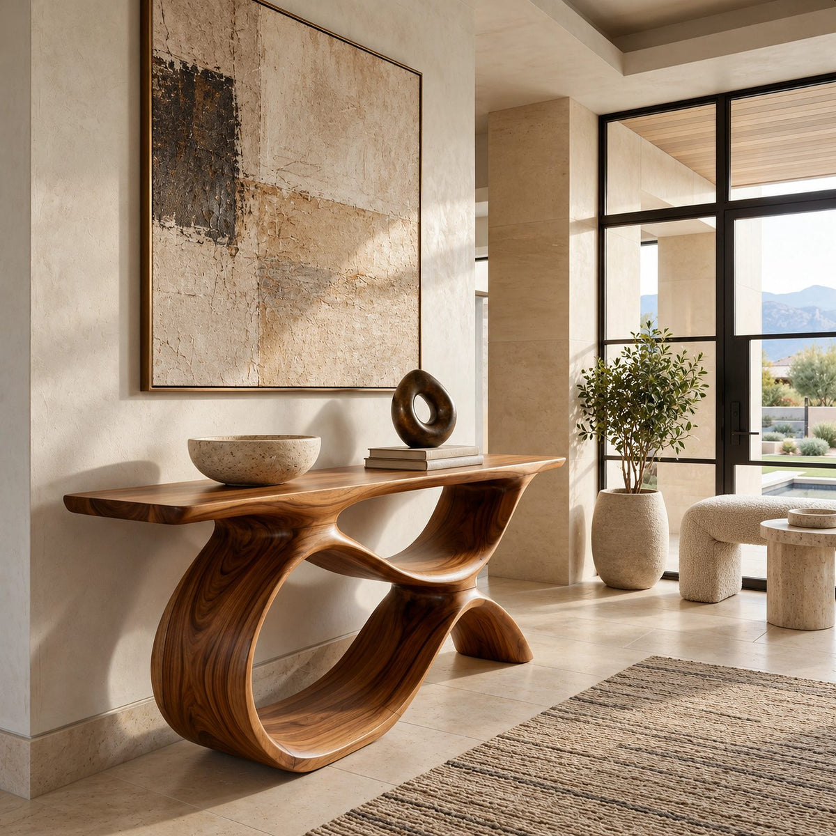Organic Curved Wood Console Table With Low Loop Shelf For Entryway