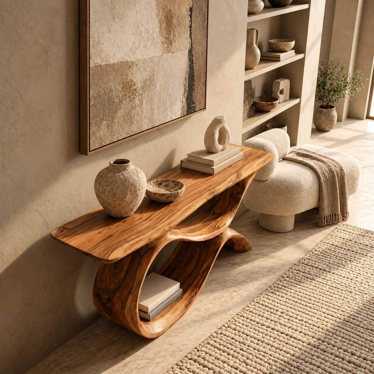 Organic Curved Wood Console Table With Low Loop Shelf For Entryway