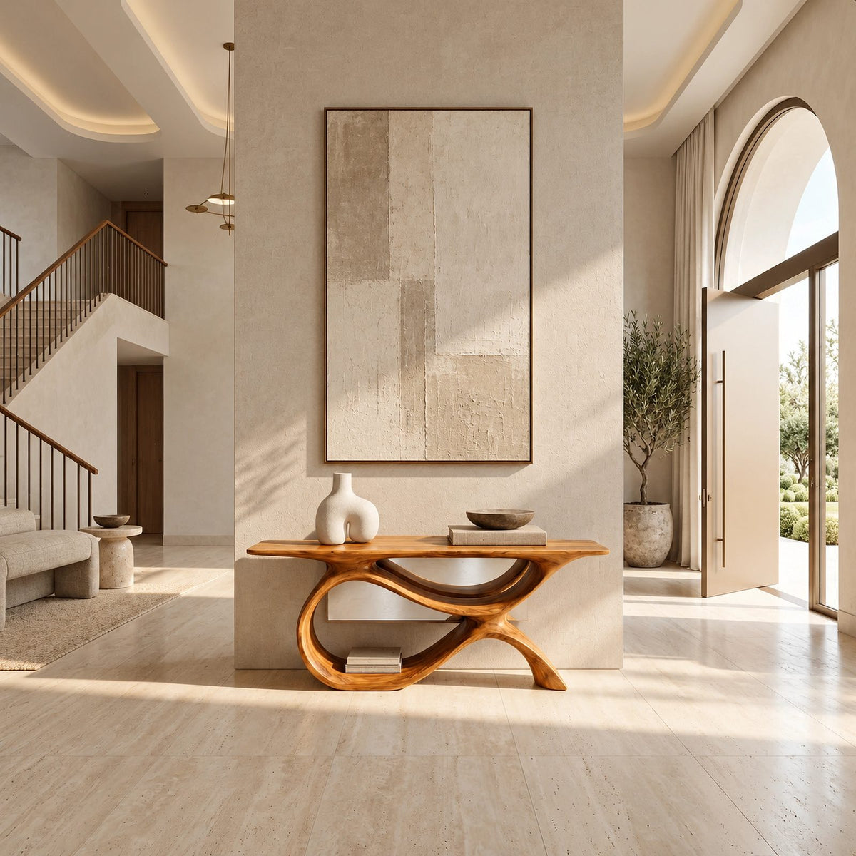 Organic Curved Wood Console Table With Low Loop Shelf For Entryway