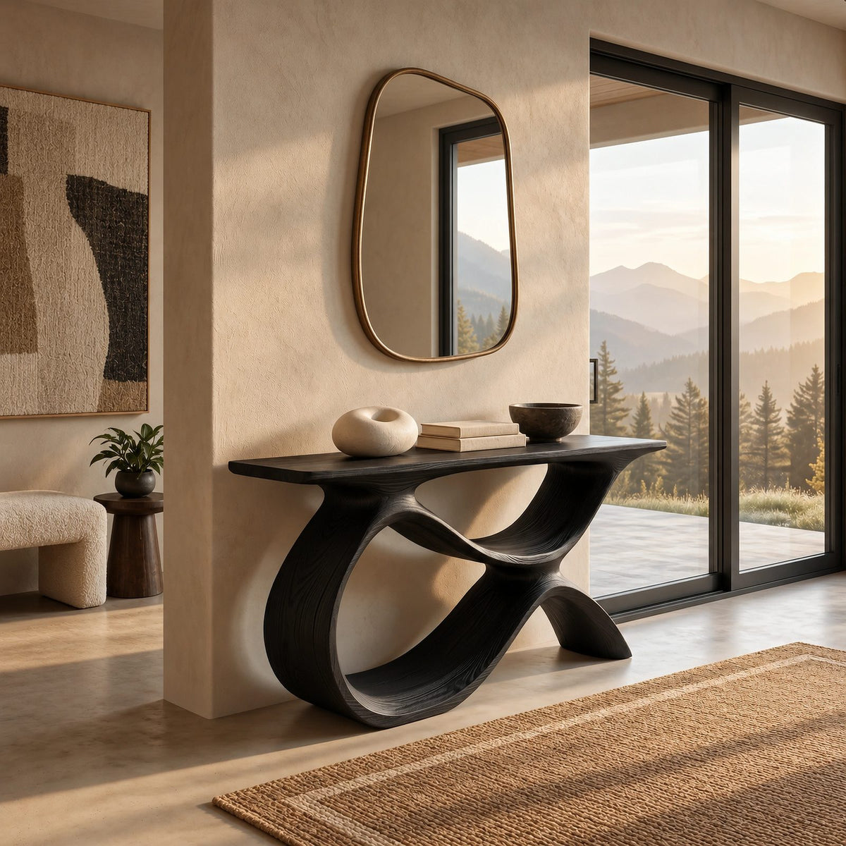 Organic Curved Wood Console Table With Low Loop Shelf For Entryway