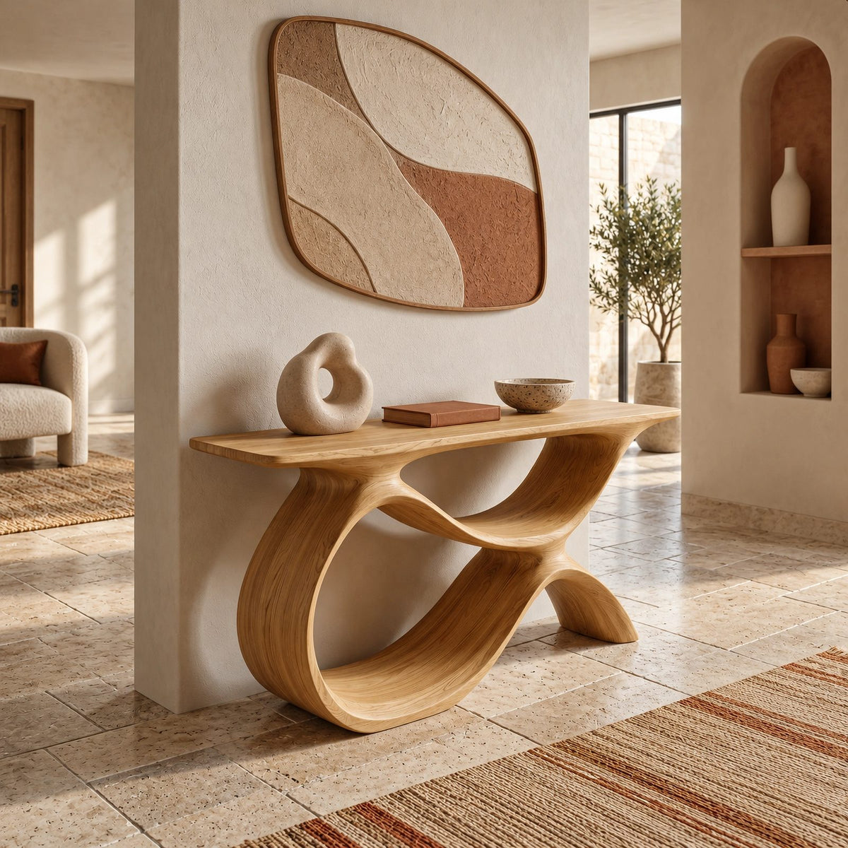 Organic Curved Wood Console Table With Low Loop Shelf For Entryway
