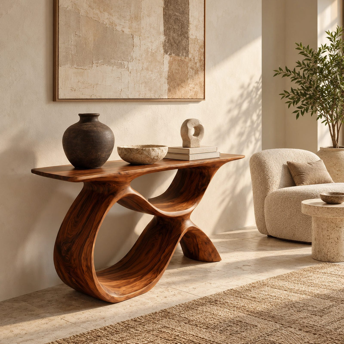 Organic Curved Wood Console Table With Low Loop Shelf For Entryway