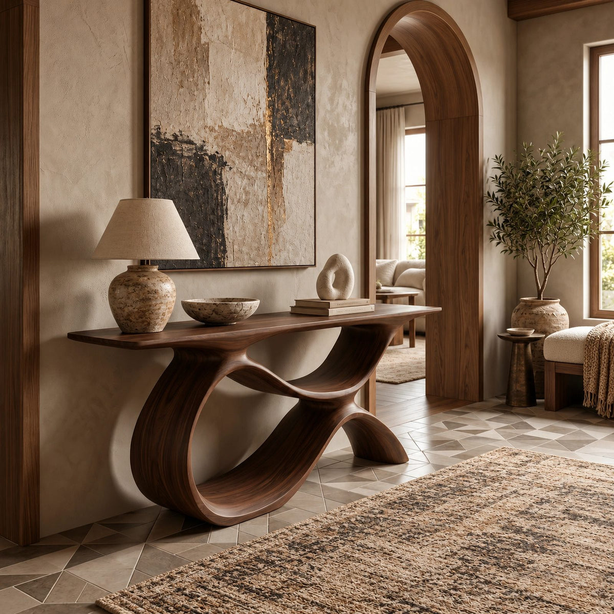 Organic Curved Wood Console Table With Low Loop Shelf For Entryway