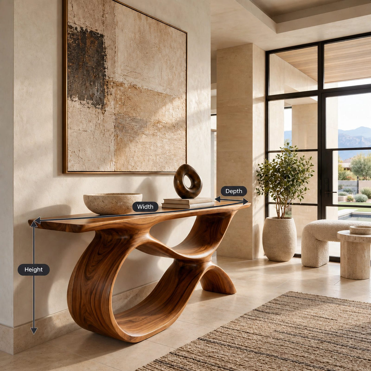 Organic Curved Wood Console Table With Low Loop Shelf For Entryway