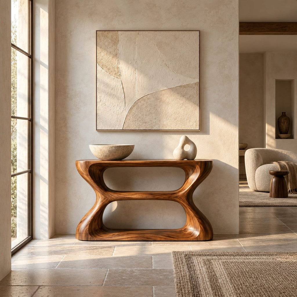 Contemporary Hourglass Wood Console Table With Open Shelves For Hallway