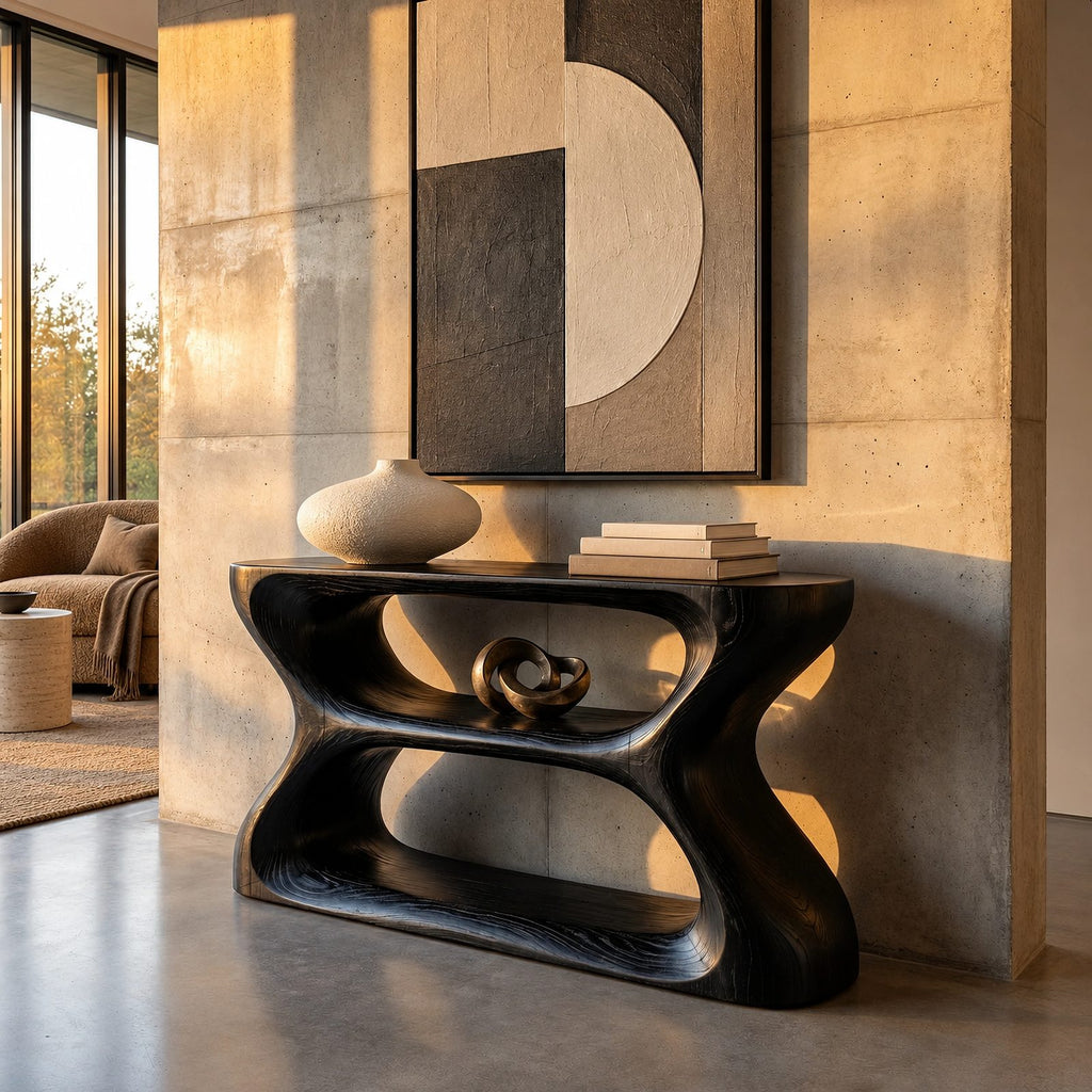 Contemporary Hourglass Wood Console Table With Open Shelves For Hallway