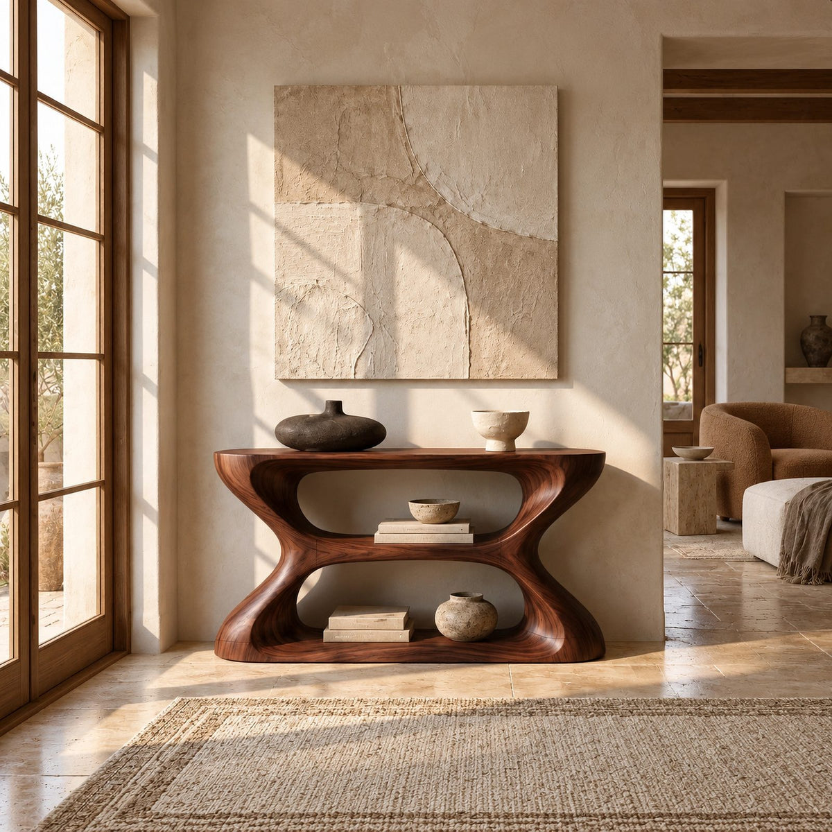 Contemporary Hourglass Wood Console Table With Open Shelves For Hallway