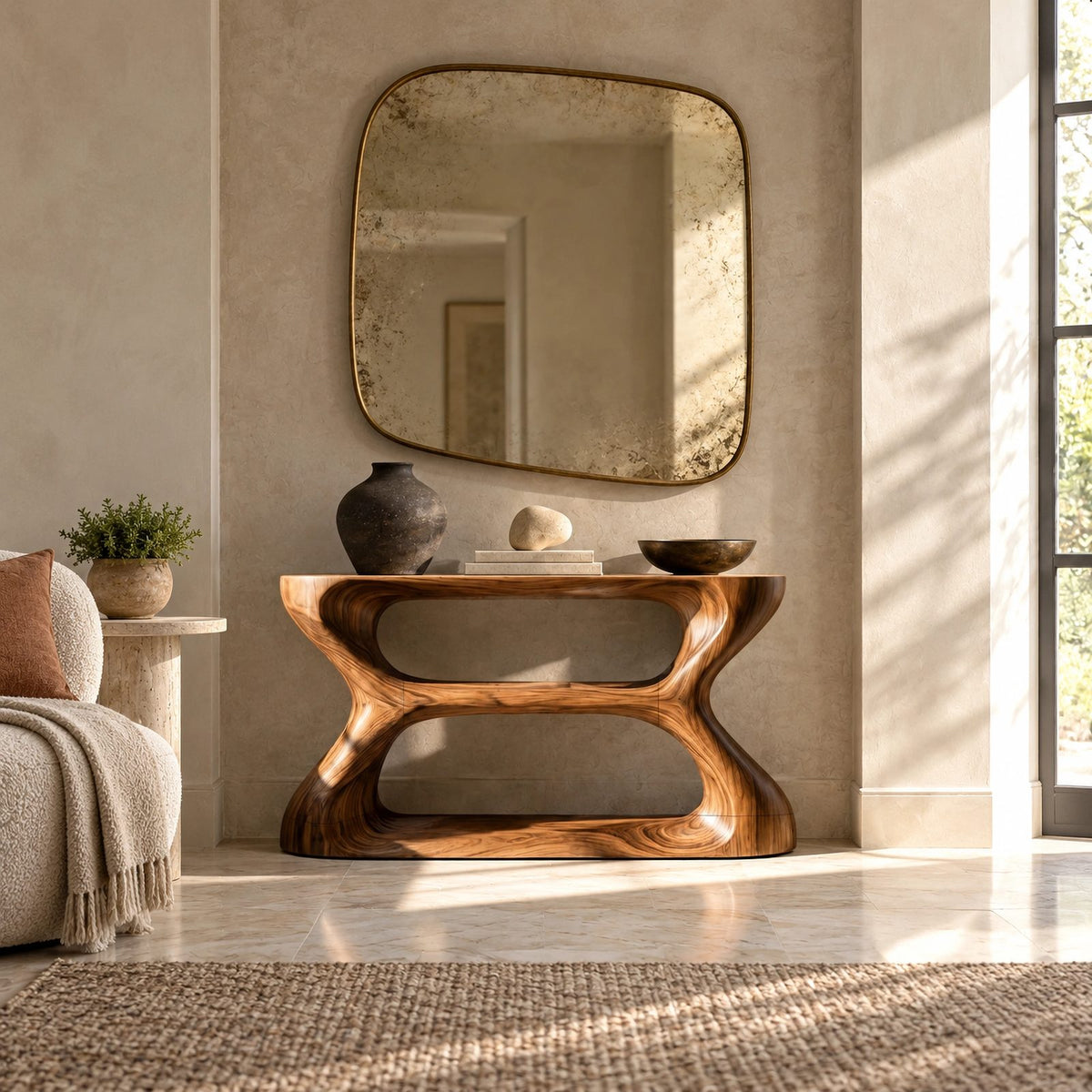 Contemporary Hourglass Wood Console Table With Open Shelves For Hallway