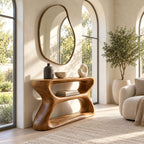 Contemporary Hourglass Wood Console Table With Open Shelves For Hallway
