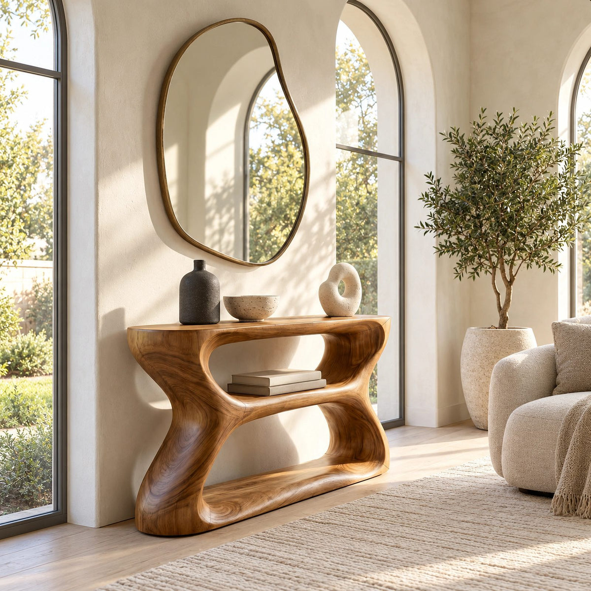 Contemporary Hourglass Wood Console Table With Open Shelves For Hallway