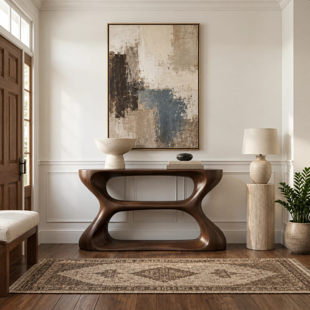 Contemporary Hourglass Wood Console Table With Open Shelves For Hallway