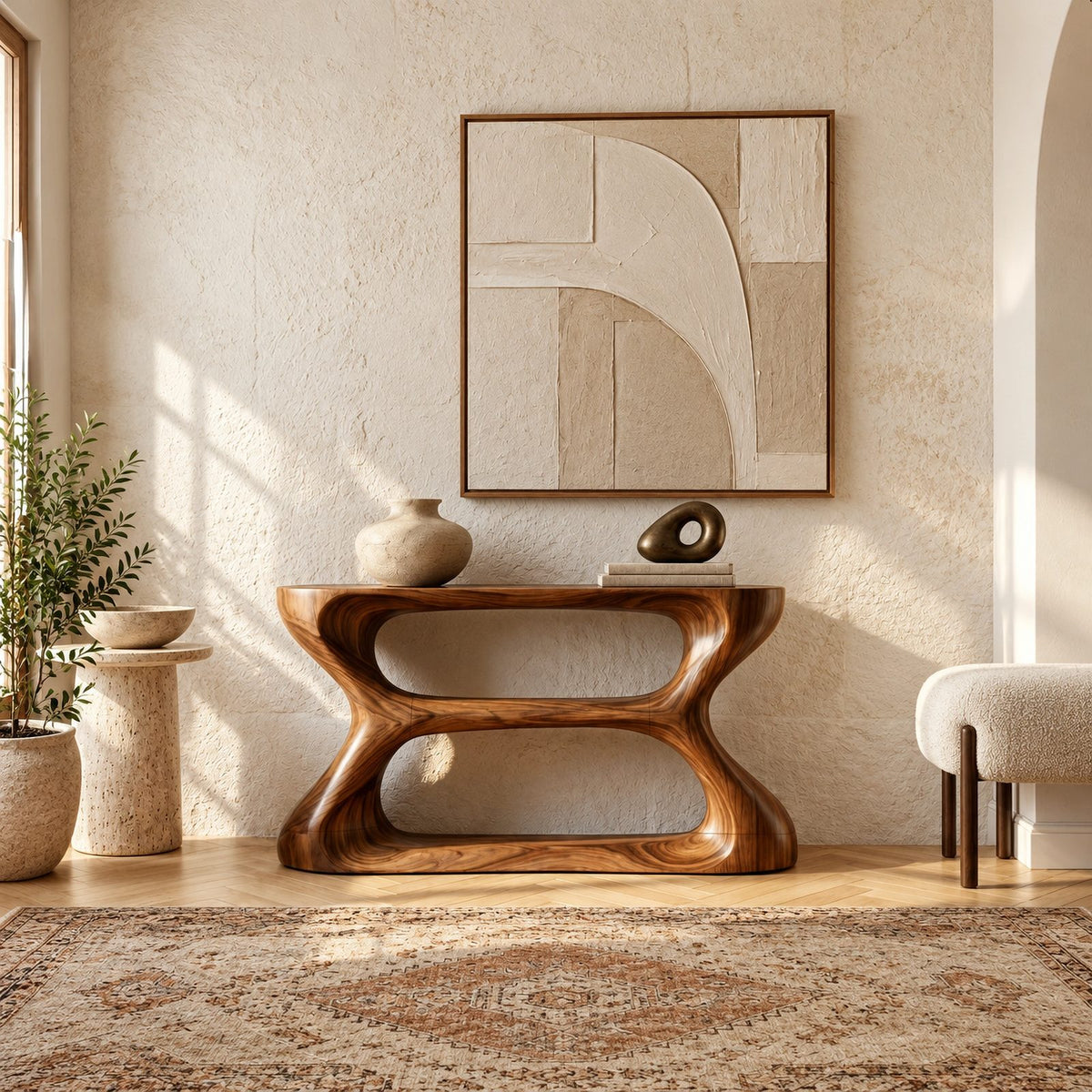 Contemporary Hourglass Wood Console Table With Open Shelves For Hallway